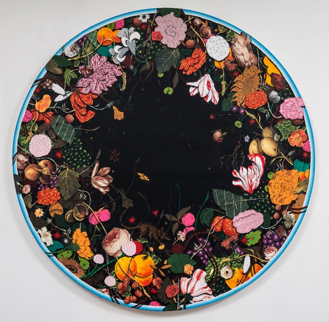 AMIR H. FALLAH, CIRCLING THE WORLD TO RETURN, 2013, COLLAGE AND PENCIL ON PAPER MOUNTED ON CANVAS, 152.4 CM DIAMETER